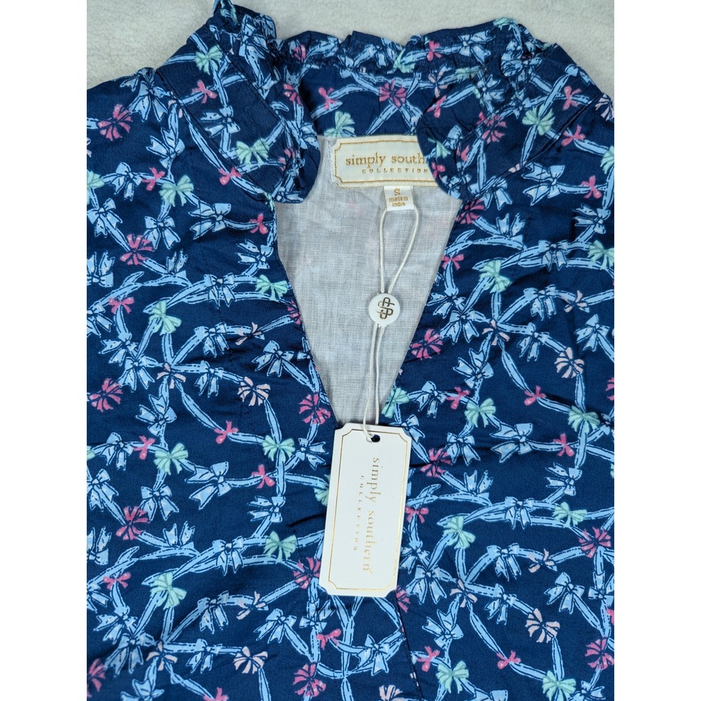 NEW Simply Southern Athena Blue‎ Ribbon Bow Ruffle Neck Flutter Sleeve Dress Sm